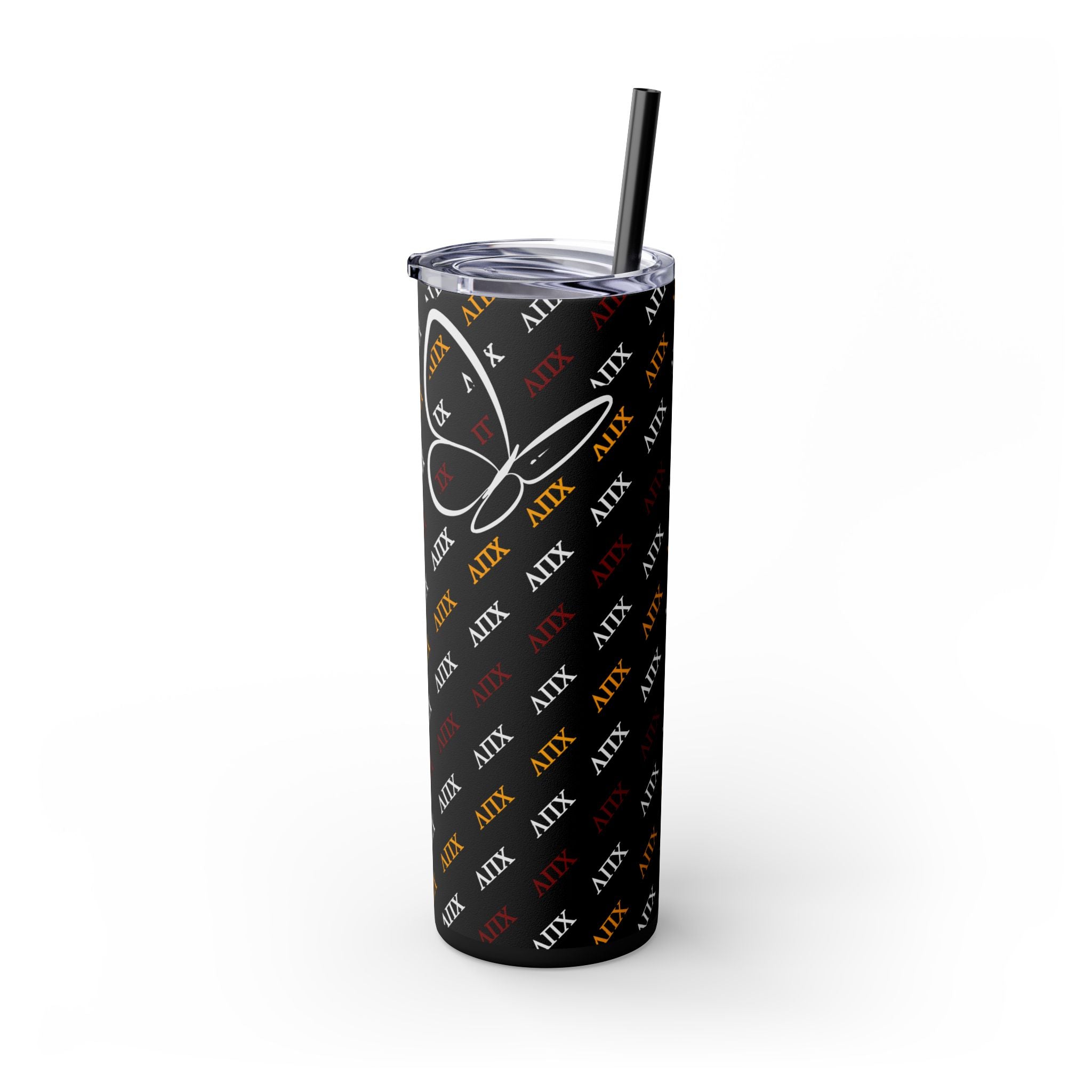 Lambda Pi Chi Greek Letters and Butterflies Skinny Tumbler with Straw, 20oz