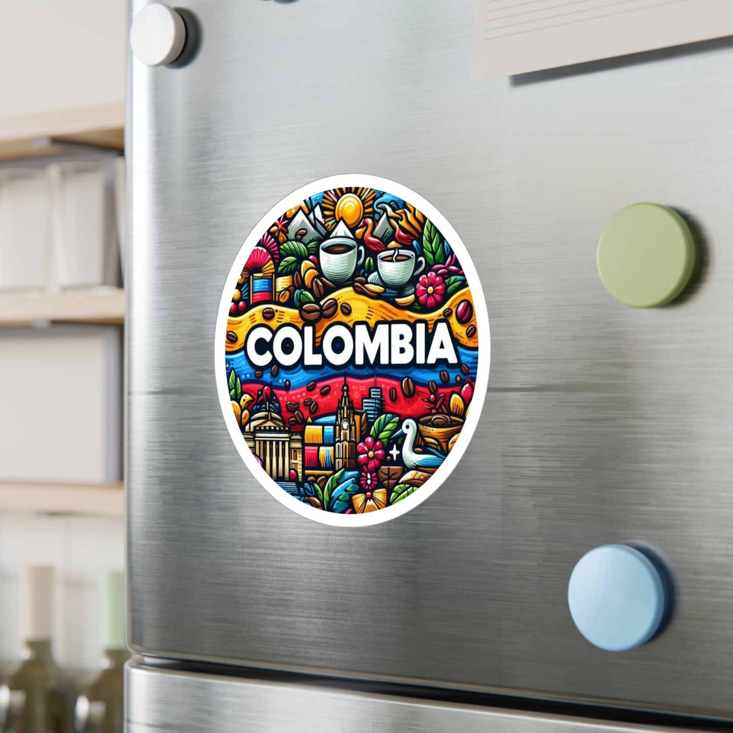 Colombia Kiss-Cut Vinyl Decals | Vibrant Sticker Art for Travel Lovers, Wall Decor, Gift for Adventurers, Laptop Stickers, Car Accessories