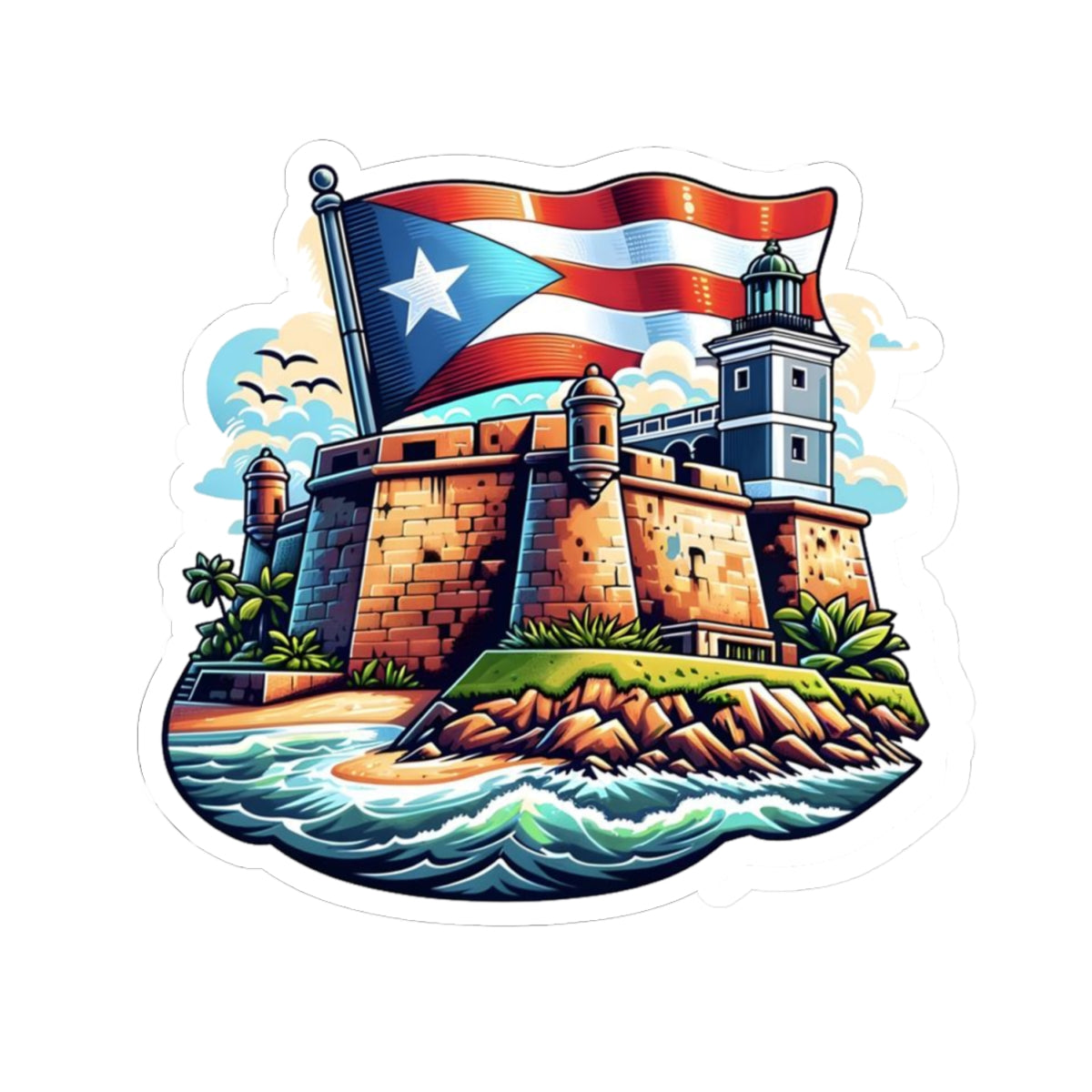 Puerto Rico Flag with El Morro Kiss-Cut Stickers, Vibrant Artful Decor, Laptop Stickers, Travel Souvenirs, Gift for Puerto Ricans