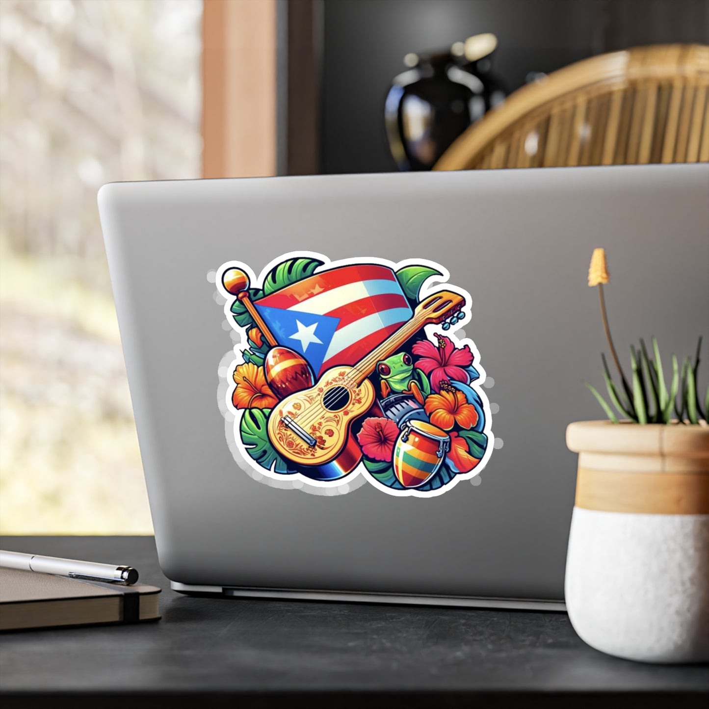 Puerto Rico flag, Guiro and Flowers - Vibrant Kiss-Cut Vinyl Decals, Puerto Rican Culture Stickers, Travel Mementos, and Gifts