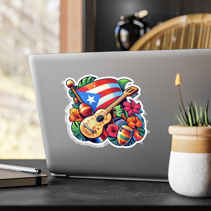 Puerto Rico flag, Guiro and Flowers - Vibrant Kiss-Cut Vinyl Decals, Puerto Rican Culture Stickers, Travel Mementos, and Gifts