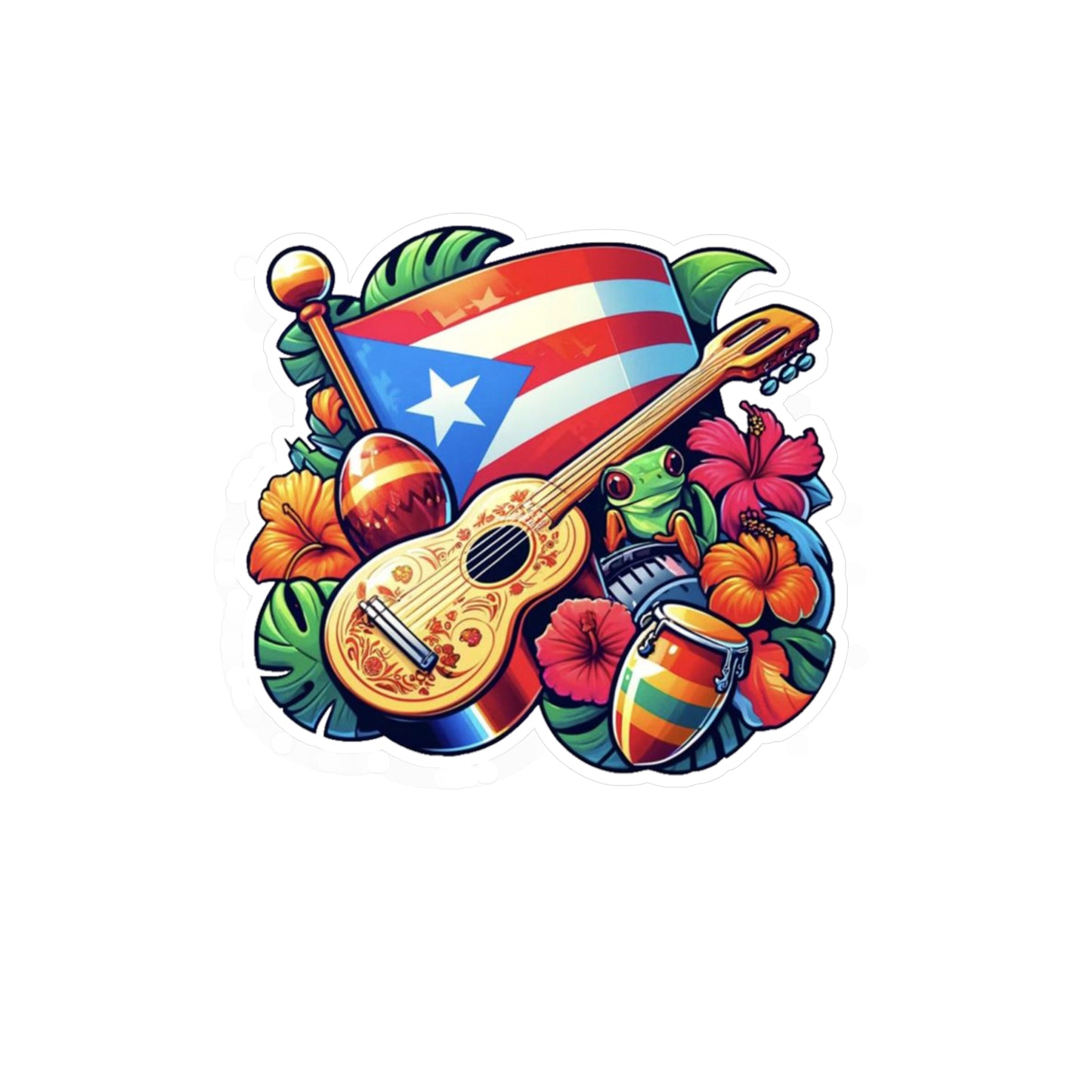 Puerto Rico flag, Guiro and Flowers - Vibrant Kiss-Cut Vinyl Decals, Puerto Rican Culture Stickers, Travel Mementos, and Gifts
