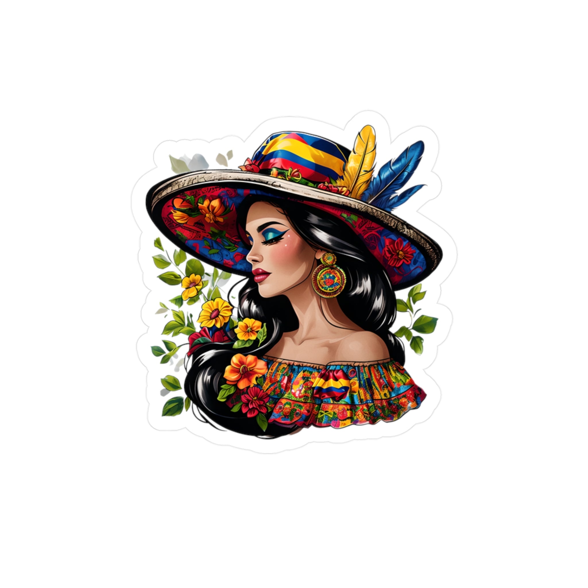 Floral Colombian Lady Vinyl Decal - Colorful Hat Sticker, Boho Decor, Laptop, Water Bottle, Fiesta Party Decor, Gift Idea