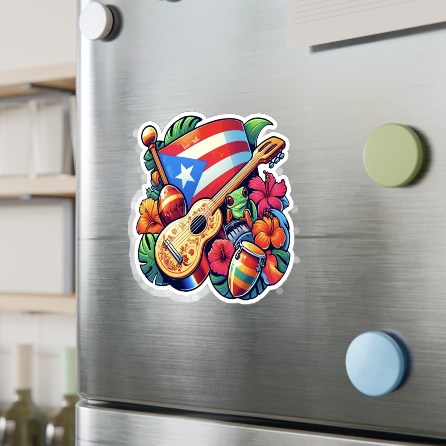 Puerto Rico flag, Guiro and Flowers - Vibrant Kiss-Cut Vinyl Decals, Puerto Rican Culture Stickers, Travel Mementos, and Gifts