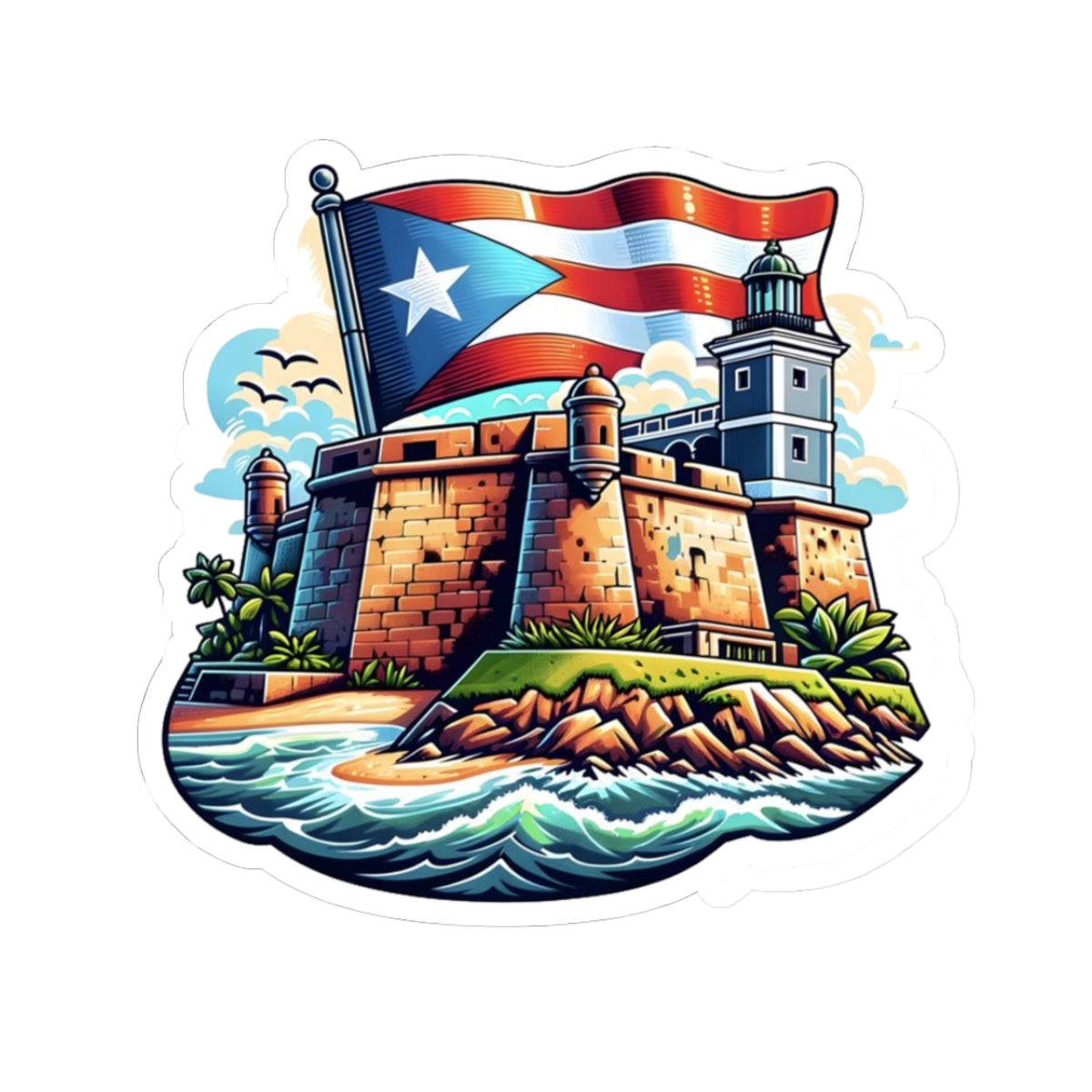 Puerto Rico Flag with El Morro Kiss-Cut Stickers, Vibrant Artful Decor, Laptop Stickers, Travel Souvenirs, Gift for Puerto Ricans