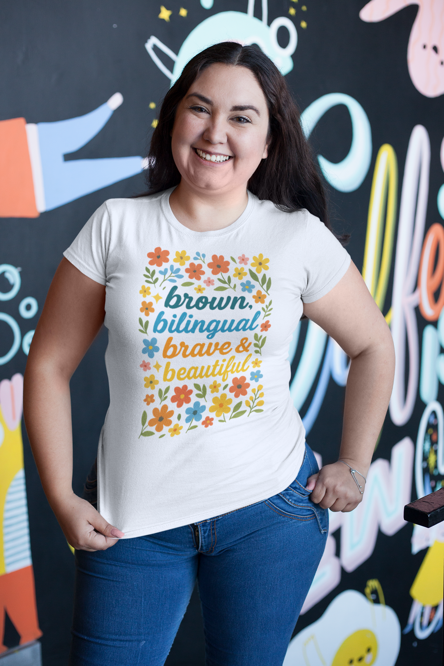 Brown, Bilingual, Brave & Beautiful Unisex Softstyle T-Shirt (Latina, morena, bilingue, valiente, bella)