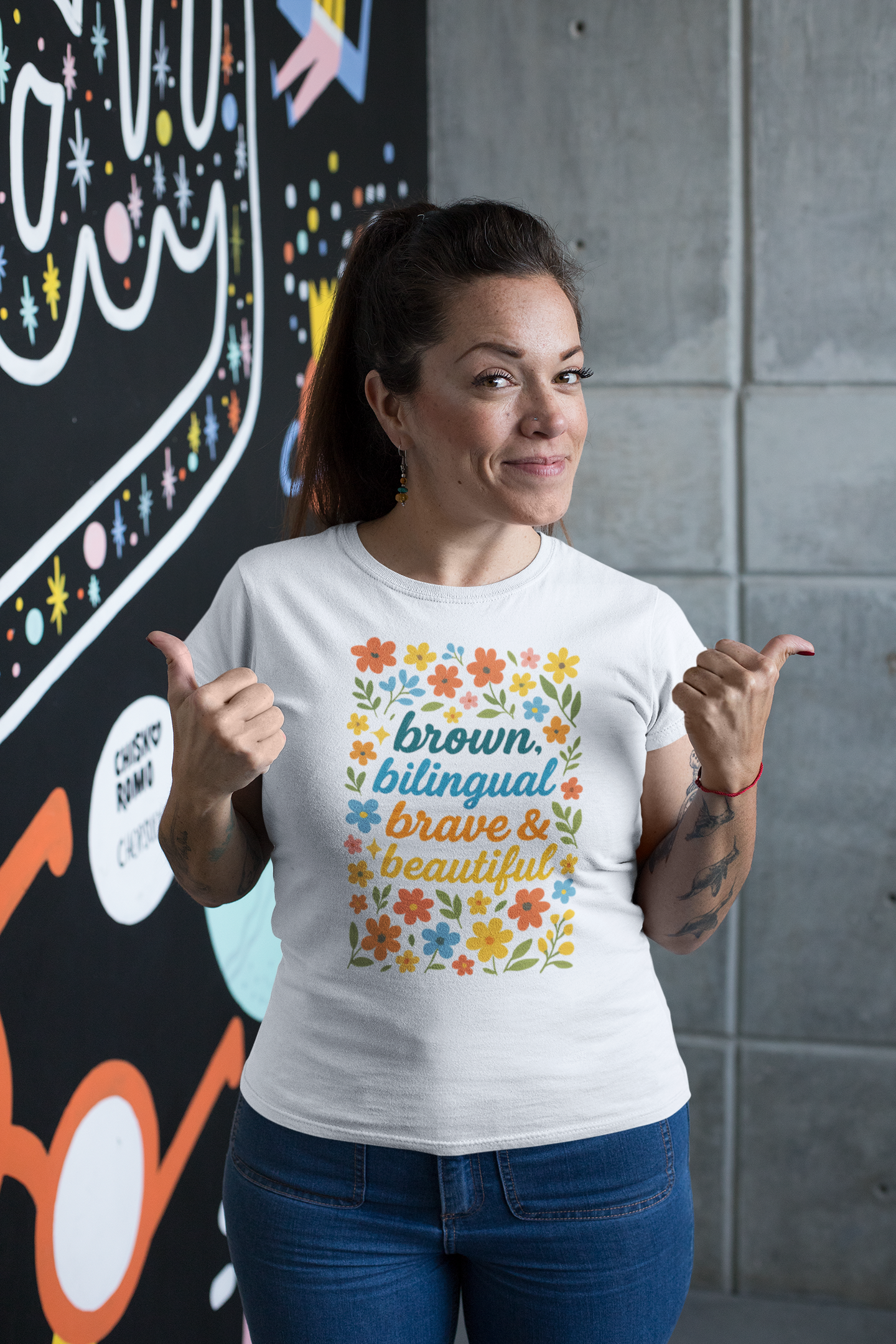 Brown, Bilingual, Brave & Beautiful Unisex Softstyle T-Shirt (Latina, morena, bilingue, valiente, bella)