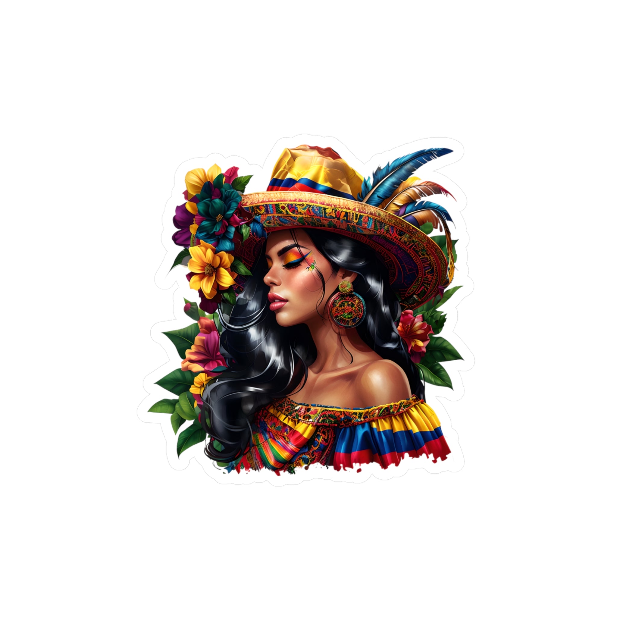 Vibrant Colombian Latina Woman Vinyl Decal, Colorful Sticker for Laptop, Water Bottle, Car, Gift for Her, Boho Decor