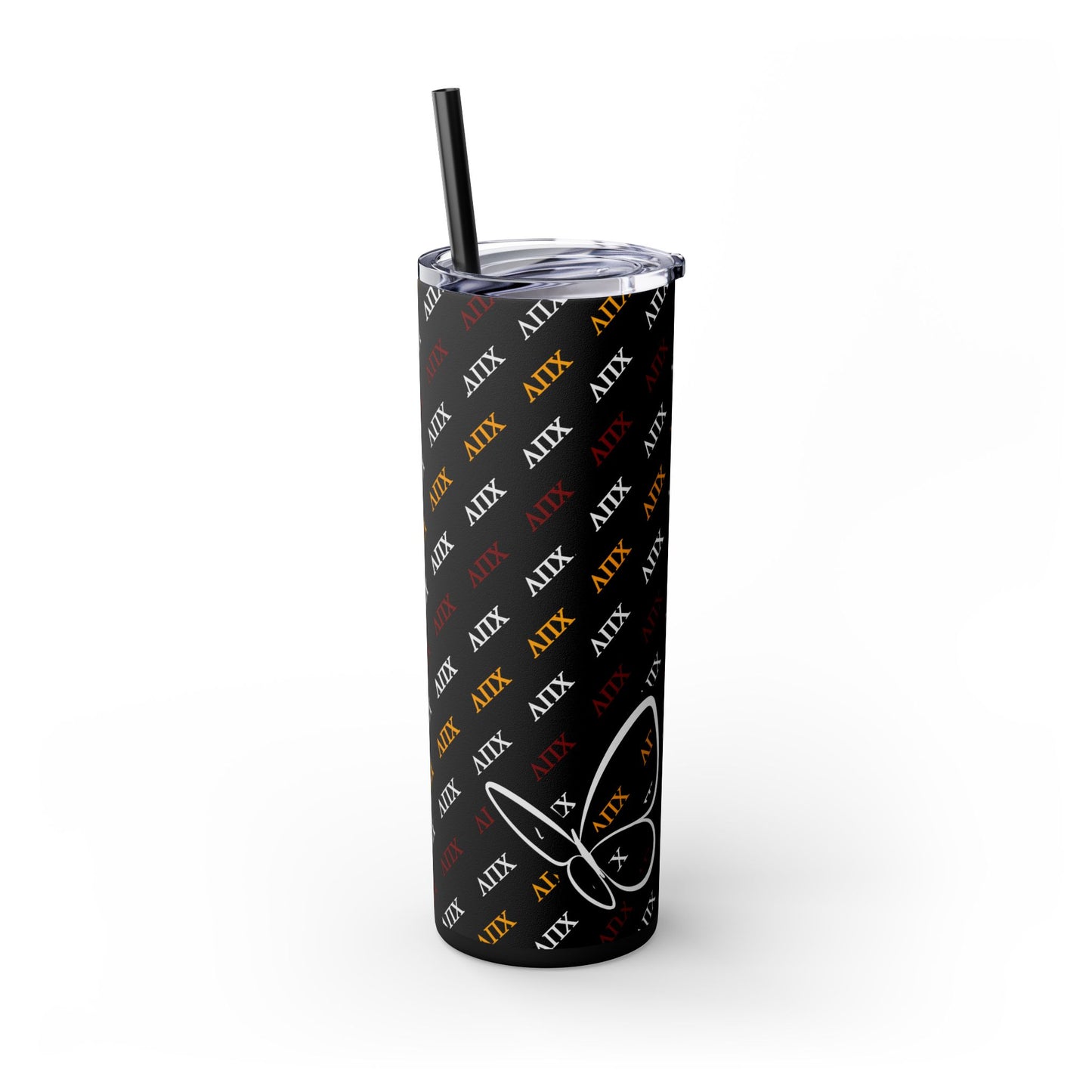 Lambda Pi Chi Greek Letters and Butterflies Skinny Tumbler with Straw, 20oz