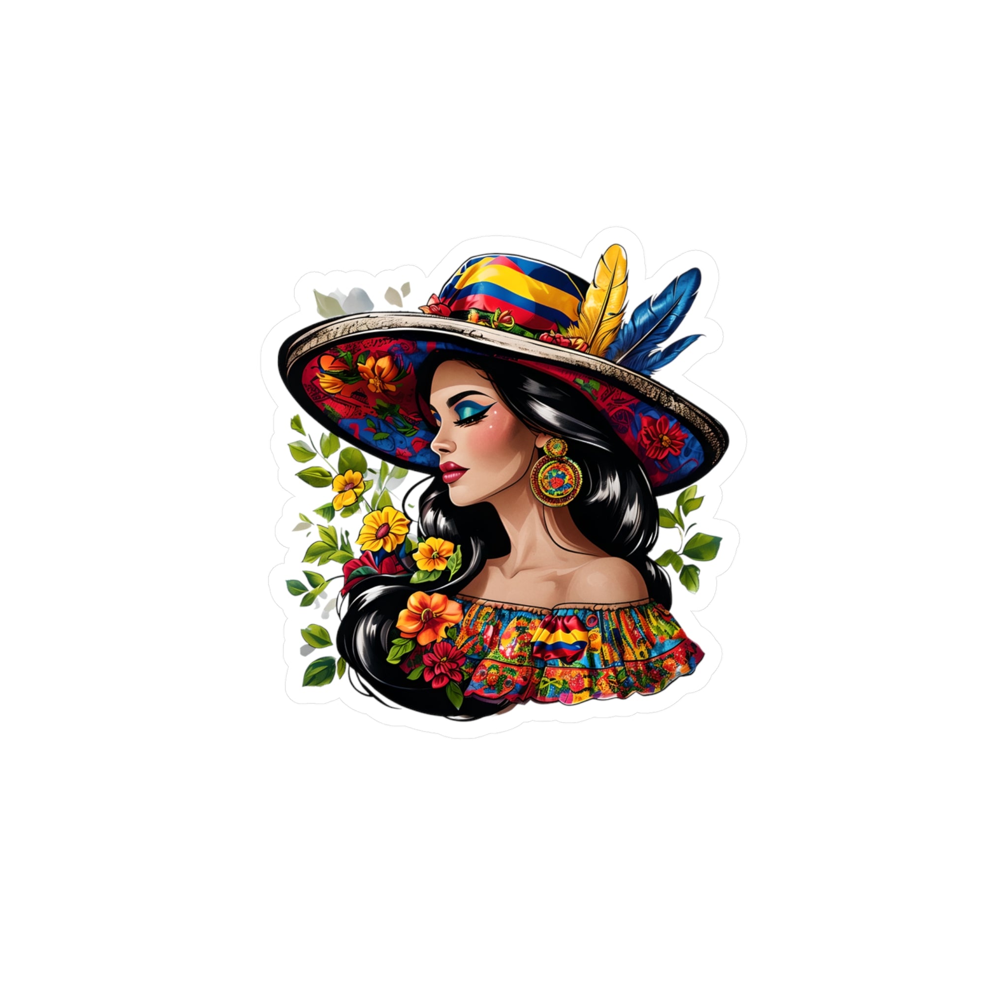 Floral Colombian Lady Vinyl Decal - Colorful Hat Sticker, Boho Decor, Laptop, Water Bottle, Fiesta Party Decor, Gift Idea