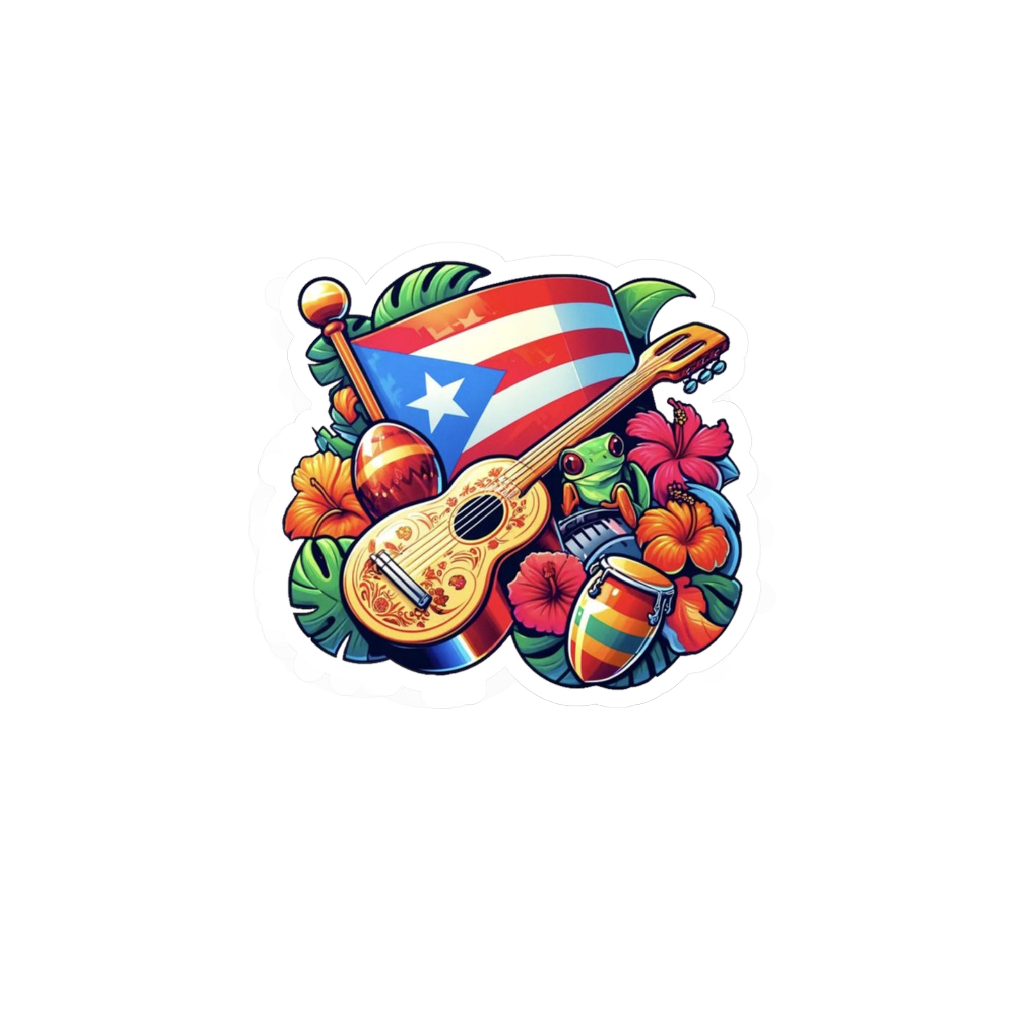 Puerto Rico flag, Guiro and Flowers - Vibrant Kiss-Cut Vinyl Decals, Puerto Rican Culture Stickers, Travel Mementos, and Gifts