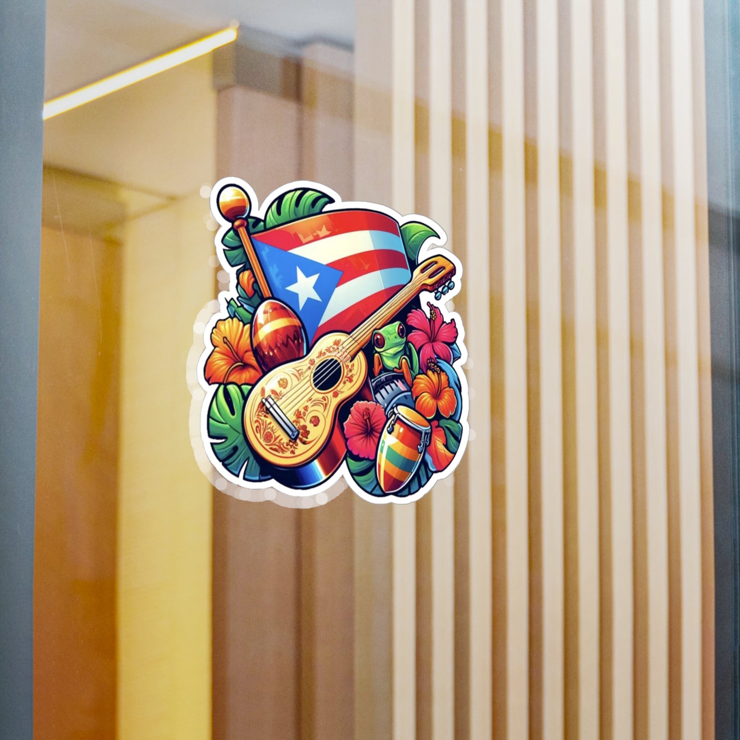 Puerto Rico flag, Guiro and Flowers - Vibrant Kiss-Cut Vinyl Decals, Puerto Rican Culture Stickers, Travel Mementos, and Gifts