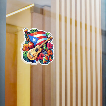 Puerto Rico flag, Guiro and Flowers - Vibrant Kiss-Cut Vinyl Decals, Puerto Rican Culture Stickers, Travel Mementos, and Gifts