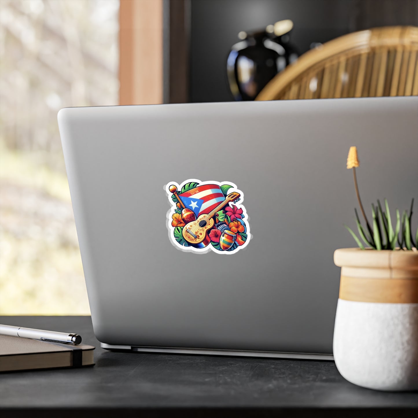 Puerto Rico flag, Guiro and Flowers - Vibrant Kiss-Cut Vinyl Decals, Puerto Rican Culture Stickers, Travel Mementos, and Gifts