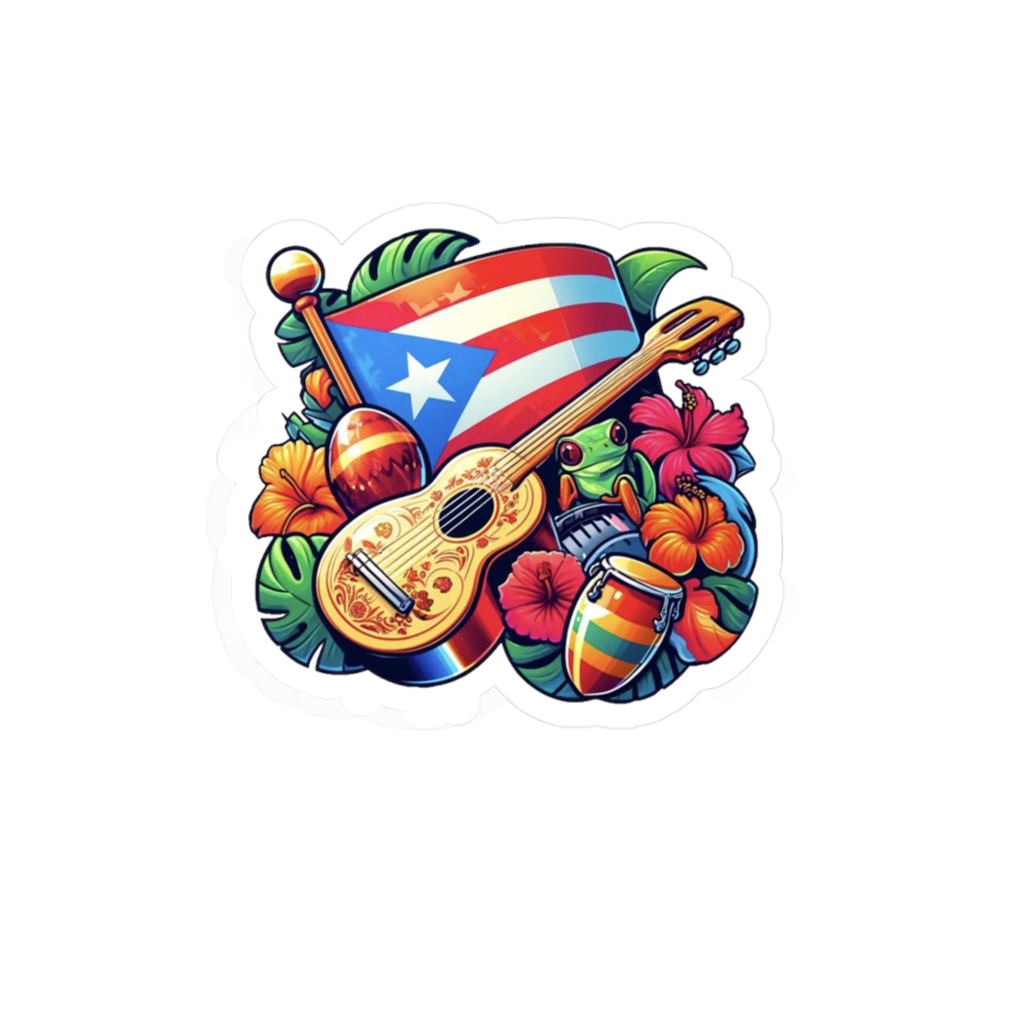 Puerto Rico flag, Guiro and Flowers - Vibrant Kiss-Cut Vinyl Decals, Puerto Rican Culture Stickers, Travel Mementos, and Gifts