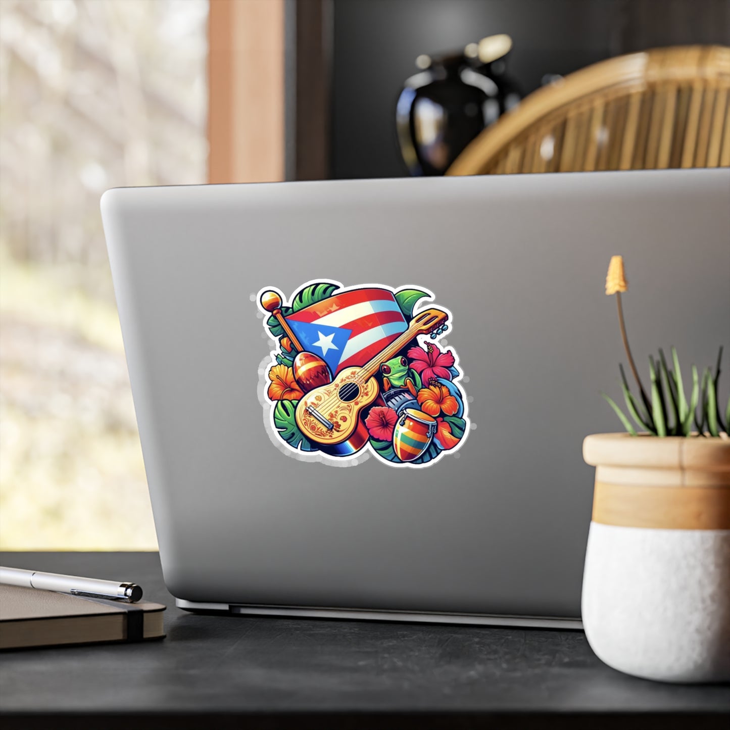 Puerto Rico flag, Guiro and Flowers - Vibrant Kiss-Cut Vinyl Decals, Puerto Rican Culture Stickers, Travel Mementos, and Gifts