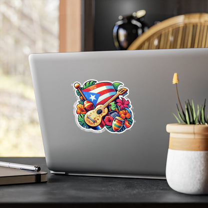 Puerto Rico flag, Guiro and Flowers - Vibrant Kiss-Cut Vinyl Decals, Puerto Rican Culture Stickers, Travel Mementos, and Gifts
